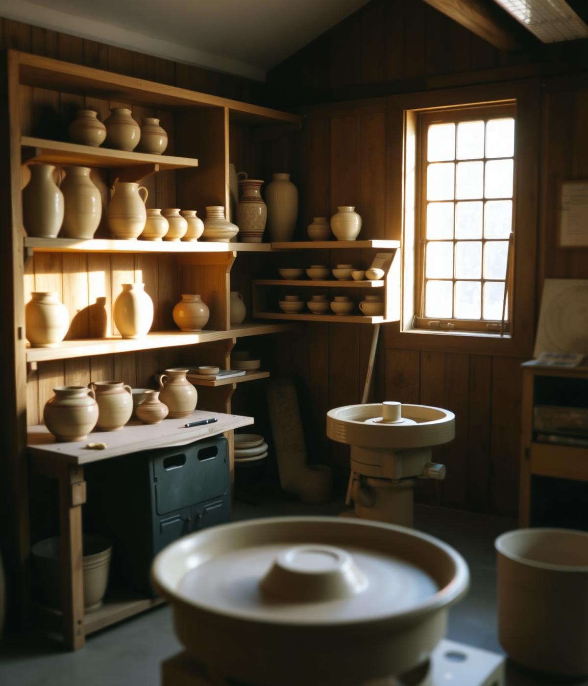 Wnętrze pracowni ceramicznej z półkami wazonów